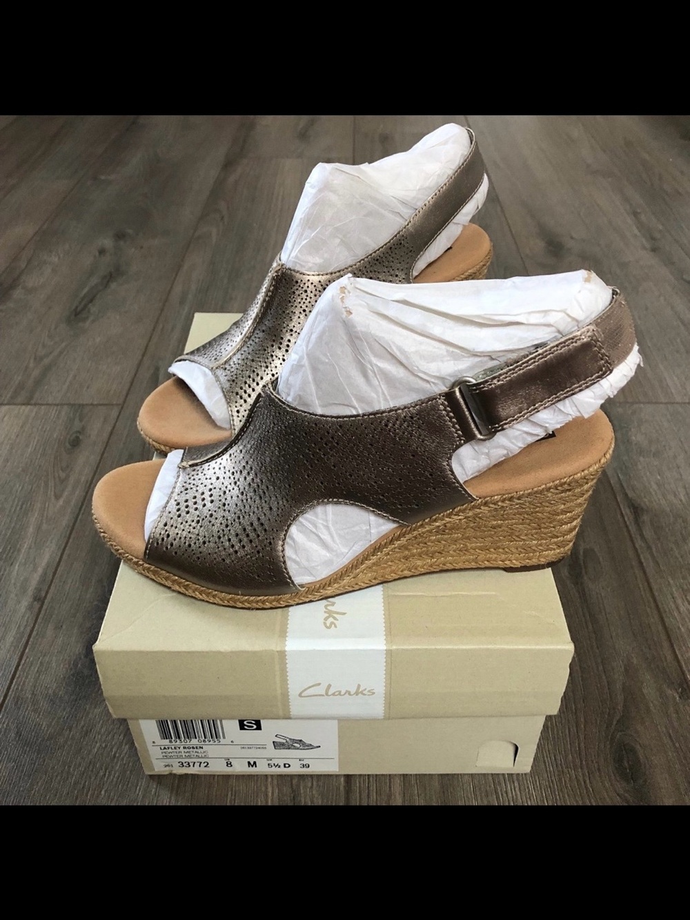 Clarks Lafley Rosen Pewter Metallic Wedge Sandals Mules US 8 / EU 39 NEW IN BOX